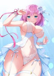 1girl arm_up armpits bare_shoulders blush bow breasts covered_navel garter_straps green_eyes gungun_(hakutou7887) hair_bow hair_ornament large_breasts leotard looking_at_viewer original pink_hair revealing_clothes smile solo thighhighs white_bow white_leotard white_thighhighs