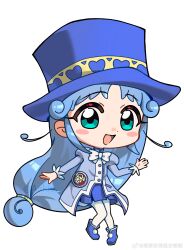 1girl absurdly_long_hair absurdres aqua_eyes blue_boots blue_coat blue_hair blue_hat blue_skirt blush_stickers boots bow bowtie chibi coat collared_coat curly_hair dot_nose eyelashes fushigiboshi_no_futago_hime happy hat heart heart_print high_collar highres juliet_sleeves long_hair long_sleeves low-tied_long_hair miniskirt open_mouth pantyhose pleated_skirt pom_pom_(clothes) puffy_sleeves rein_(futagohime) simple_background skirt smile solo standing tareme top_hat very_long_hair watermark weibo_watermark white_background white_bow white_bowtie white_pantyhose white_sleeve_cuffs xiangyao_biande_chao_hui_huahua