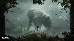 1boy 1girl 2204design 6+others armor blender_(medium) fog forest from_behind giganto_(sonic_frontiers) hedgehog highres knight_(sonic_frontiers) koco_(sonic) leaf logo male_focus mecha multiple_others nature outdoors red_shoes robot sage_(sonic) scenery science_fiction shoes size_difference sonic_(series) sonic_frontiers sonic_the_hedgehog standing starfall_islands statue supreme_(sonic_frontiers) tree weapon wyvern_(sonic_frontiers)