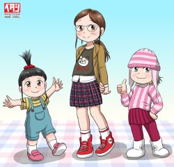 3girls absurdres agnes_(despicable_me) animal_print arms_behind_back beanie black_hair black_shirt blonde_hair blue_background blue_eyes blue_overalls blush boo_(marup) boots brown_eyes brown_hair brown_jacket character_print clothes_writing denim_overalls despicable_me edith_(despicable_me) freckles glasses hand_on_own_hip hat highres jacket long_sleeves looking_at_viewer margo_(despicable_me) marup multiple_girls open_clothes open_jacket original outstretched_arms overalls pantyhose pink_hat pink_shoes pink_sweater plaid_clothes plaid_skirt ponytail print_boots print_shirt red_pantyhose red_shoes red_skirt scrunchie shirt shoes short_hair short_sleeves siblings sisters skirt smile sneakers snowflake_print socks standing striped_clothes striped_headwear striped_shirt striped_sweater sweater thumbs_up topknot white_boots white_shirt white_socks yellow_shirt