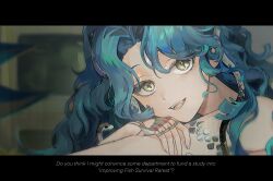 1girl :d absurdres animal aqua_hair bare_shoulders character_request check_character chinese_commentary commentary_request cross-shaped_pupils english_text fangs fingernails green_eyes hair_between_eyes hair_intakes highres hissabeth jewelry leaning leaning_forward letterboxed long_hair looking_at_viewer multiple_rings open_mouth painine reverse:1999 ring smile snake solo symbol-shaped_pupils teeth