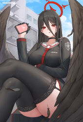 1girl absurdres black_choker black_feathers black_hair black_shirt black_skirt black_thighhighs black_wings blue_archive blush breasts choker comp_(guzz3837) crop_top cropped_shirt crossed_legs falling_feathers feathered_wings feathers garter_straps gloves hair_between_eyes halo hasumi_(blue_archive) highres large_breasts long_hair long_hair_between_eyes long_sleeves looking_at_viewer low_wings midriff_peek mole mole_under_eye neckerchief open_mouth red_eyes red_halo red_neckerchief sailor_collar shirt side_slit simple_background sitting skirt solo thighhighs very_long_hair white_background white_sailor_collar wings