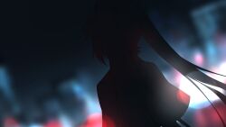 1girl blurry blurry_background bokeh city city_lights cityscape commentary depth_of_field english_commentary from_behind hatsune_miku highres long_hair miku_day nengoro night night_sky outdoors shirt short_sleeves silhouette sky skyline solo twintails upper_body vocaloid