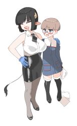 Rule 34 | 1boy, 1girl, age difference, animal ears, black-framed eyewear, black boots, black hair, black shoes, black skirt, blue eyes, blue gloves, boots, breasts, brown hair, chikuwa fan973, collared shirt, cow ears, cow girl, cow horns, cow tail, embarrassed, gloves, grey pantyhose, high heels, highres, horns, large breasts, lipstick mark, lipstick mark on face, lipstick mark on neck, looking at another, onee-shota, open mouth, original, pantyhose, pencil skirt, rectangular eyewear, semi-rimless eyewear, shirt, shoes, simple background, skirt, sleeveless, sleeveless shirt, tail, teeth, thigh boots, under-rim eyewear, white background, white shirt