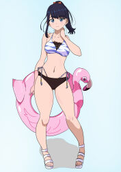 1girl absurdres aki_(pixiv_34646268) animal_print aqua_background bikini black_hair blue_eyes breasts commentary_request flamingo_innertube full_body gridman_universe hand_on_own_neck highres innertube long_hair medium_breasts mismatched_bikini open-toe_shoes orange_scrunchie pink_innertube scrunchie side-tie_bikini_bottom solo ssss.gridman swim_ring swimsuit takarada_rikka tiger_print