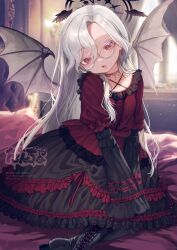 1girl black_dress boots choker commission cross cross_choker dancho_(dancyo) demon_wings dress fang flat_chest frilled_dress frills glasses halo head_tilt indoors lace-up_boots long_hair looking_at_viewer mabinogi on_bed open_mouth original red_dress red_eyes sitting skeb_commission sleeves_past_fingers sleeves_past_wrists solo two-tone_dress very_long_hair white_hair wings