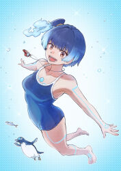 1girl :d absurdres alternate_costume barefoot ben-day_dots bird blue_hair blue_one-piece_swimsuit body_markings breasts brown_eyes chest_jewel commentary_request fiery_hair full_body glowing_lines glowing_markings highres looking_at_viewer nemimin old_school_swimsuit one-piece_swimsuit open_mouth penguin school_swimsuit screentones sena_(xenoblade) short_hair side_ponytail simple_background smile solo swimsuit toes underwater whistle whistle_around_neck xenoblade_chronicles_(series) xenoblade_chronicles_3