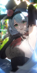 1girl absurdres arm_up armpits bare_shoulders black_gloves black_hairband black_hat black_skirt blue_archive blue_hair blush elbow_gloves flower gloves green_eyes grey_shirt hair_between_eyes hairband hat hat_feather hat_flower hayate_(1034853996) high-waist_skirt highres long_hair looking_at_viewer mine_(blue_archive) mine_(idol)_(blue_archive) official_alternate_costume open_mouth presenting_armpit red_flower shirt sidelocks skirt solo tears wings
