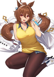 1girl agnes_tachyon_(umamusume) ahoge animal_ears bare_shoulders black_pantyhose breasts brown_hair cleavage coat cork earrings hair_between_eyes high_heels highres horse_ears horse_girl horse_tail jewelry lab_coat large_breasts looking_at_viewer on_ground open_mouth pantyhose red_eyes short_hair simple_background single_earring solo sweater_vest tail teeth test_tube thighs umamusume upper_teeth_only vococo white_coat white_footwear white_hair yellow_sweater_vest