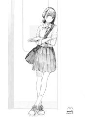 1girl bag cellphone crossed_arms greyscale hatching headphones highres holding holding_phone looking_at_viewer machiinoue monochrome necktie original phone school_uniform shirt shoes short_hair shoulder_bag signature skirt sneakers socks solo train_interior