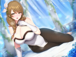 1girl blush bow braid breasts cleavage commentary_request fire_emblem fire_emblem_engage gloves goldmary_(fire_emblem) hair_bow huge_breasts kashiwamochi_yomogi leggings looking_at_viewer nintendo open_mouth smile solo white_bow white_gloves yellow_eyes