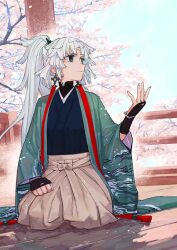 Rule 34 | 1girl, aqua eyes, aqua haori, armor, blue kimono, blue sky, blunt ends, breasts, cherry blossoms, clenched hand, closed mouth, dutch angle, earrings, expressionless, fate/grand order, fate (series), full body, game cg, hair tie, hakama, hakama skirt, hand on lap, hand up, haori, high collar, high ponytail, japanese armor, japanese clothes, jewelry, kimono, kishimen hair, kote, kurokote, long hair, long sleeves, looking to the side, official art, ponytail, seiza, sidelocks, sitting, skirt, sky, solo, tassel, tassel earrings, third-party source, tree, wataru rei, white hair, white hakama, wide sleeves, yui shousetsu (fate), yui shousetsu (second ascension) (fate)