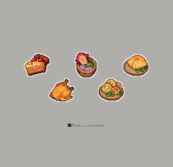 bowl chicken_(food) commentary dungeon_meshi english_commentary food food_focus grey_background highres lancaster mushroom no_humans omelet outline pie pie_slice pixel_art plate simple_background soup tempura twitter_username vegetable white_outline
