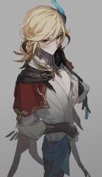 Rule 34 | 1boy, absurdres, black gloves, blonde hair, blue sash, blush, cape, closed mouth, earrings, feather hair ornament, feathers, fingerless gloves, genshin impact, gloves, grey background, hair between eyes, hair ornament, highres, jewelry, jiz (pffbq), kaveh (genshin impact), long hair, long sleeves, looking at viewer, male focus, nipples, pants, red cape, red eyes, sash, shirt, simple background, solo, white shirt