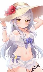 &gt;:) 1girl absurdres adjusting_clothes adjusting_headwear alternate_costume arched_bangs arms_up bikini bikini_under_clothes black_bikini blood blood_on_clothes blouse blush breasts closed_mouth crop_top earrings grey_hair groin hand_on_headwear hat highres hololive jewelry kneeling long_hair long_sidelocks midriff murasaki_shion navel petite see-through_clothes see-through_shirt see-through_skirt shirt sidelocks simple_background skirt small_breasts smile solo somari_(somari_cat) straw_hat sun_hat swimsuit thighlet triangle_earrings v-shaped_eyebrows virtual_youtuber white_background white_shirt white_skirt wrist_cuffs yellow_eyes