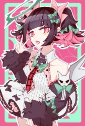 1girl bare_shoulders black_hair blunt_bangs bow breasts detached_sleeves dress fork fur_trim green_bow green_halo hair_bow halo highres looking_at_viewer multicolored_hair necktie never_gonna_give_you_up open_mouth pink_background pink_eyes pink_hair rokudu_sariel short_hair solo swne1 tongue twintails v weapon white_dress zenless_zone_zero