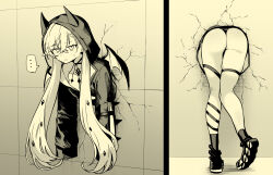 ... 1girl ass breasts choker demon_girl demon_horns demon_wings fate/grand_order fate_(series) greyscale highres hirunagi horns jacket lilith_(fate) long_hair long_sleeves looking_at_viewer monochrome multiple_views shoes sneakers thigh_strap through_wall wings
