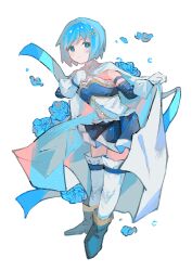1girl absurdres ankle_boots blue_eyes blue_flower blue_footwear blue_hair blue_skirt bodice boots cape cape_hold chinese_commentary commentary_request detached_sleeves falling_flower flower fortissimo full_body gloves hair_ornament hand_on_own_chest highres looking_at_viewer magical_girl mahou_shoujo_madoka_magica mahou_shoujo_madoka_magica_(anime) miki_sayaka miki_sayaka_(magical_girl) musical_note musical_note_hair_ornament shoes short_hair simple_background skirt smile solo standing thighhighs white_background white_cape white_gloves white_thighhighs yinsu391