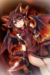 Rule 34 | 1girl, bow, bowtie, breasts, brown hair, commentary request, covered navel, dragon girl, dragon horns, dragon tail, dragon wings, dress, dutch angle, female focus, fire, gradient hair, highres, horns, looking at viewer, monster girl, multicolored hair, multiple horns, myr (p&amp;d), open mouth, orange hair, pointy ears, puzzle &amp; dragons, red eyes, ribbon, samoore, short hair, side slit, sitting, sleeveless, sleeveless dress, small breasts, solo, tail, tail ornament, tail ribbon, two-tone hair, wings