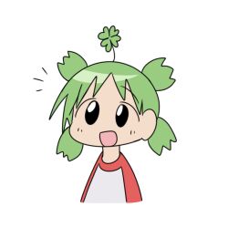 1girl black_eyes clover farhan_melukis four-leaf_clover green_hair happy head_only koiwai_yotsuba open_mouth quad_tails raglan_sleeves shirt short_hair shout_lines white_background yotsubato!