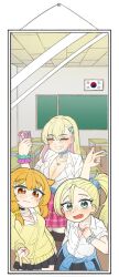 3girls alternate_hairstyle amesuku_gyaru black_thighhighs blonde_hair boryeon_(last_origin) breasts chalkboard choker classroom cleavage closed_eyes clothes_around_waist collared_shirt colored_inner_hair desk dutch_girl_(last_origin) ear_piercing earrings ellie_quickhand green_eyes gyaru gyaru_v hair_flaps hair_ornament hairclip highres jewelry kogal kyulradde_kyul_latte large_breasts last_origin long_hair looking_at_mirror mirror multicolored_hair multiple_girls necklace official_alternate_costume orange_eyes orange_hair piercing pleated_skirt ponytail purple_hair school_desk scrunchie shirt skirt sleeves_rolled_up small_breasts south_korean_flag sweater sweater_around_waist thighhighs two-tone_hair v very_long_hair wrist_scrunchie