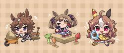 Rule 34 | &gt; o, +++, 3girls, :d, ;), ahoge, animal ears, black gloves, bow, brown background, brown eyes, brown hair, chibi, closed mouth, commentary request, copano rickey (umamusume), detached sleeves, double bun, dress, fingerless gloves, fur-trimmed gloves, fur trim, gloves, hair between eyes, hair bow, hair bun, highres, holding, horse ears, horse girl, horse tail, long hair, long sleeves, moko39 takasora, multicolored hair, multiple girls, one eye closed, open mouth, pink bow, pink skirt, plaid background, purple bow, purple eyes, sand, sharp teeth, shinko windy (umamusume), shirt, skirt, smart falcon (umamusume), smile, sparkle, tail, teeth, trowel, twintails, two-tone hair, umamusume, v-shaped eyebrows, very long hair, wheelbarrow, white hair, white shirt, wide sleeves, wrist cuffs, yellow dress, yellow sleeves