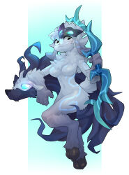 1girl absurdres animal_ears black_eyes black_fur body_fur body_markings bow_(weapon) breasts choecoga closed_mouth colored_extremities colored_skin furry furry_female glowing glowing_eyes green_eyes grey_background grey_fur highres holding holding_bow_(weapon) holding_weapon hooves kindred_(league_of_legends) lamb_(league_of_legends) league_of_legends mask mask_on_head medium_breasts navel sheep_ears sheep_tail smile tail weapon white_background white_skin wolf_(league_of_legends)