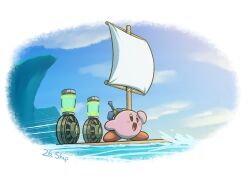 blue_sky blush_stickers boat colored_skin crossover fuse_(zelda) gameplay_mechanics kirby kirby_(series) master_sword nintendo no_humans open_mouth outdoors pink_skin sailboat sky sol-lar-bink solo sword sword_on_back the_legend_of_zelda the_legend_of_zelda:_tears_of_the_kingdom water watercraft weapon weapon_on_back zonai_device