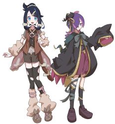 2girls banette black_hair blue_eyes blue_hair blush closed_mouth cosplay cowlick dot_(pokemon) eyelashes gen_3_pokemon gen_4_pokemon hair_ornament hair_over_one_eye hairclip jacket liko_(pokemon) long_hair long_sleeves looking_at_viewer lopunny mega_banette mega_lopunny mega_pokemon multicolored_hair multiple_girls nintendo open_clothes open_mouth pink_hair pokemon pokemon_(anime) pokemon_horizons purple_eyes purple_hair seiun_(hoshigumo_72) shirt short_hair shorts simple_background sleeves_past_wrists smile two-tone_hair white_background zipper