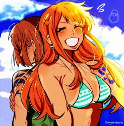 2girls absurdres back-to-back bare_shoulders bikini bikini_top_only blue_sky blush breasts camisole cleavage closed_eyes cloud cloudy_sky commentary dual_persona earrings english_commentary food fruit green_bikini green_camisole hair_ornament highres holding_own_arm huyandere jewelry large_breasts long_hair loose_hair_strand mandarin_orange multiple_girls nami_(one_piece) one_piece orange_hair outdoors scar scar_on_shoulder short_hair sky smile stomach swimsuit tan tanline tattoo upper_body