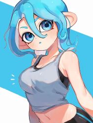 1girl armpit_crease bare_arms bare_shoulders bike_shorts black_bra black_shorts blue_eyes blue_hair blue_tongue bra bra_peek breasts cleavage collarbone colored_tongue commentary_request crop_top grey_shirt hair_between_eyes highres kodak_painter looking_at_viewer medium_hair midriff navel nintendo notice_lines octoling octoling_girl octoling_player_character parted_lips shirt shorts solo splatoon_(series) tentacle_hair underwear