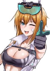 1girl ;d absurdres arm_up bandaid bandaid_on_cheek bandaid_on_face bare_shoulders black_gloves black_sports_bra blonde_hair blue_eyes breasts chest_harness cleavage collarbone commentary_request dress eyewear_on_head finger_gun gloves goddess_of_victory:_nikke green_gloves hair_between_eyes harness highres jewelry kotori_ukuwa large_breasts light_blush looking_at_viewer maxwell_(nikke) necklace official_alternate_costume one_eye_closed open_mouth short_hair short_hair_with_long_locks sidelocks simple_background sleeveless sleeveless_dress smile solo sports_bra standing teeth two-tone_gloves upper_body upper_teeth_only white_background white_dress