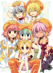 .hack// .hack//tasogare_no_udewa_densetsu 1boy :d animal_ears blonde_hair breasts character_request cleavage closed_mouth dark-skinned_female dark_skin dress earrings grey_hair hat hoop_earrings izumi_rei jewelry kunisaki_rena kunisaki_shugo looking_at_viewer mireille_(.hack//) navel one_eye_closed open_mouth ouka_(.hack//) short_hair smile tattoo