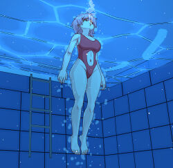 1girl absurdres air_bubble barefoot blowing_bubbles breasts bubble diving highres large_breasts markustercero navel one-piece_swimsuit pink_hair pool pool_ladder poolside short_hair submerged swimming swimsuit underwater water