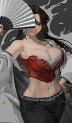 Rule 34 | 1girl, armpit peek, belt, black hair, black pants, breasts, brown eyes, cleavage, collarbone, commentary request, corset, cowboy shot, fatal fury, folding fan, gauss &lt;bokashi, hair ornament, hand fan, hand on own hip, haori, highres, holding, holding fan, japanese clothes, large breasts, lips, long hair, looking at viewer, midriff, navel, official alternate costume, official alternate hairstyle, pants, parted lips, pink lips, red bustier, shiranui mai, single bare shoulder, solo, strapless, street fighter, street fighter 6, tube top