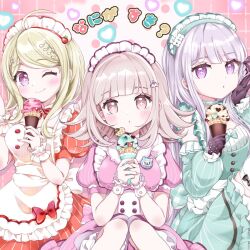 Rule 34 | 3girls, ;), ahoge, aiscream (love live!), akamatsu kaede, alternate costume, blonde hair, blunt bangs, blush, brown dress, brown eyes, brown hair, danganronpa: trigger happy havoc, danganronpa (series), danganronpa 2: goodbye despair, danganronpa v3: killing harmony, dress, flipped hair, food, fortissimo, green dress, grey hair, hair ornament, highres, holding, holding food, ice cream, kirigiri kyoko, long sleeves, love live!, maid, medium hair, moon (moon0771110), multiple girls, musical note, musical note hair ornament, nanami chiaki, one eye closed, parody, pink dress, pink eyes, puffy short sleeves, puffy sleeves, short sleeves, smile