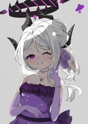 1girl absurdres black_halo blue_archive breasts demon_girl demon_horns dress earrings elbow_gloves evening_gown gloves halo heart highres hina_(blue_archive) hina_(dress)_(blue_archive) horns jewelry long_hair looking_at_viewer necklace pendant purple_dress purple_eyes purple_gloves small_breasts smile solo upper_body user_mrgz5357 white_hair