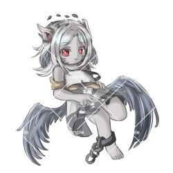1girl animal_ears barefoot beriul_(vrchat) black_wings caor_1 chain closed_mouth colored_skin cuffs dress full_body grey_hair grey_skin grey_wings halo horns looking_at_viewer low_wings medium_hair multiple_horns multiple_wings red_eyes sample_watermark shackles simple_background solo strap_slip symbol-shaped_pupils vrchat watermark white_background white_dress white_hair wings