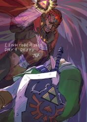2023 2boys armor blonde_hair cape dark-skinned_male dark_skin dated dutch_angle forehead_jewel from_behind ganondorf gauntlets grin hand_up hat link looking_at_another magic master_sword multiple_boys nintendo pointy_ears red_hair shield shield_on_back shrub_mtg smile the_legend_of_zelda the_legend_of_zelda:_ocarina_of_time triforce upper_body