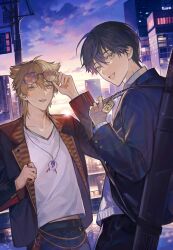 Rule 34 | 2boys, adjusting eyewear, backlighting, bandaged hand, bandages, black hair, black jacket, blonde hair, building, commentary, fushimi gaku, fushimi gaku (1st costume), gradient sky, green eyes, highres, jacket, jewelry, kenmochi touya, kenmochi touya (1st costume), lapels, lens flare, looking at viewer, magatama, magatama necklace, male focus, mole, mole under eye, multiple boys, necklace, nijisanji, notched lapels, omamori, open clothes, open jacket, outdoors, shirt, short hair, sky, sun, sunlight, sunrise, symbol-only commentary, teeth, tsuta1218, upper teeth only, virtual youtuber, weapon bag, white shirt, yellow eyes