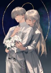 1boy 1girl belt belt_buckle black_belt blonde_hair blue_eyes bouquet buckle closed_mouth collared_shirt cowboy_shot dress dress_pants eyelashes flower formal_clothes grey_hair hair_over_one_eye hand_on_another&#039;s_arm hand_on_another&#039;s_cheek hand_on_another&#039;s_face head_on_another&#039;s_shoulder head_tilt hetero highres holding holding_bouquet hug hug_from_behind jacket layered_sleeves light_smile lily_(flower) lips long_hair long_sleeves looking_at_another love_and_deepspace medium_dress open_clothes open_jacket pants pleated_dress pointy_nose protagonist_(love_and_deepspace) shirt short_hair space standing straight_hair suit tanxianjia_xiaomao white_dress white_flower white_jacket white_pants white_shirt white_suit xavier_(love_and_deepspace)