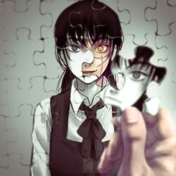 Rule 34 | 1girl, 1other, black dress, black hair, black ribbon, blurry, blurry foreground, chainsaw man, dress, fourth east high school uniform, gabdlc, highres, jigsaw puzzle, long hair, long sleeves, mitaka asa, puzzle, puzzle piece, ribbon, ringed eyes, scar, scar on face, school uniform, shirt, white shirt, yellow eyes, yoru (chainsaw man)