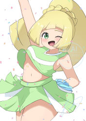 Rule 34 | 1girl, ;d, absurdres, blonde hair, blush, braid, breasts, cheerleader, confetti, cowboy shot, female focus, green eyes, green shirt, green skirt, high ponytail, highres, lillie (pokemon), long hair, looking at viewer, midriff, navel, nintendo, one eye closed, open mouth, oronamin poke, pokemon, pokemon sm, pom pom (cheerleading), ponytail, shirt, signature, simple background, skirt, small breasts, smile, solo, underboob, white background, wink
