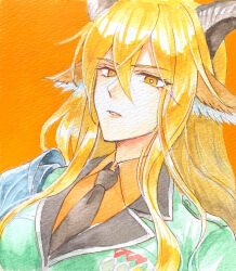 1girl animal_ears arknights black_necktie blonde_hair bright_pupils brown_horns commentary_request degenbrecher_(arknights) green_jacket hair_between_eyes highres horns jacket lapels long_hair looking_at_viewer necktie orange_background parted_lips partial_commentary portrait shirt shumizoku solo traditional_media white_pupils yellow_eyes yellow_shirt