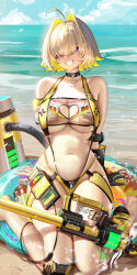 Rule 34 | 1girl, ahoge, armpit crease, arms behind back, beach, black choker, blonde hair, blue sky, breasts, choker, cleavage, cloud, curvy, day, elegg (boom and shock) (nikke), elegg (nikke), goddess of victory: nikke, grin, hair intakes, hair over one eye, highres, large breasts, liang xing, navel, ocean, outdoors, purple eyes, short hair, sitting, sky, slingshot swimsuit, smile, solo, stomach, suspenders, swimsuit, wariza, water, yellow slingshot swimsuit