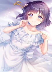 1girl artist_name bed_sheet blush collarbone commentary_request dress frilled_dress frills gakuen_idolmaster hataya_misuzu idolmaster looking_at_viewer lying mole mole_under_mouth off-shoulder_dress off_shoulder on_back purple_eyes purple_hair shizuki_aya short_hair smile solo twitter_username white_dress