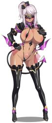 1girl absurdres areola_slip black_gloves blush boots breasts corruption covered_erect_nipples dark-skinned_female dark_persona dark_skin demon_girl demon_tail elbow_gloves eye_mask frozen_gingasan full_body gloves gunslinger_stratos heart high_heels highres huge_breasts katagiri_kyouka large_breasts long_hair looking_at_viewer low_wings mask navel one_side_up pink_hair pubic_tattoo see-through_clothes simple_background slave_gear slave_visor_(tsmg_nao!) slingshot_swimsuit smile solo standing swimsuit tail tattoo thigh_boots thighhighs tongue tongue_out transparent_background ts_magical_girl_nao variant_set white_background wings