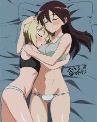 2girls ass bed black_sports_bra blonde_hair blush breasts brown_hair cleavage closed_eyes collarbone cuddling dated erica_hartmann gertrud_barkhorn highres hug large_breasts long_hair multiple_girls navel on_bed open_mouth panties ryohei-0617 short_hair signature sleeping sports_bra strike_witches underwear white_panties white_sports_bra world_witches_series yuri