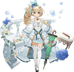 1girl bare_shoulders blonde_hair blue_flower breasts cleavage closed_mouth clothing_cutout collarbone dress drill_hair flower frills full_body girls_creation hair_ornament high_heels highres holding holding_umbrella large_breasts long_hair long_sleeves looking_at_viewer manet_(girls_creation) nauribon navel navel_cutout purple_eyes ribbon side_ponytail simple_background skirt smile solo thighhighs thighs transparent_background umbrella very_long_hair white_flower zettai_ryouiki