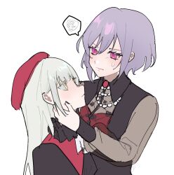 2girls amoris_(bang_dream!) bang_dream! bang_dream!_it&#039;s_mygo!!!!! black_nails black_shirt blush capelet closed_mouth commentary green_hair hand_on_another&#039;s_face hashtag-only_commentary hat highres kawhom long_hair looking_at_another mortis_(bang_dream!) mortis_(costume)_(bang_dream!) multiple_girls pink_eyes purple_hair red_capelet red_hat see-through_clothes see-through_sleeves shirt short_hair simple_background spoken_squiggle squiggle sweatdrop wakaba_mutsumi white_background yellow_eyes yuri yuutenji_nyamu